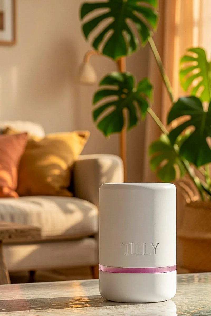TILLY, tirelire connectée premium posée sur un plateau en marbre, halo lumineux violet — idéale en cadeau de liste de naissance
